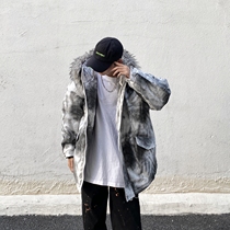 Non-tides close to winter High Street Tide Cards Dyed with caps wool collar cotton clothes thickened jacket Men American design Cotton Clothing