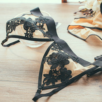 Peach neon clothes French embroidery No rim triangle cup Ultra-thin small bra set perspective temptation underwear