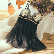 Peach neon clothes sexy ultra-short night dress Deep V three-dimensional flower mesh transparent suspender pajamas temptation night dress