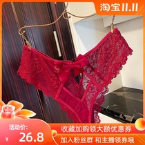 Peach neon clothes in Europe and the United States high waist triangle high fork hollow lace good elastic bottoms bow personality womens underwear