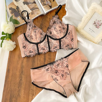 French underwear women without steel ring bra set small embroidery ultra-thin anti-bump collection milk lace inner bra