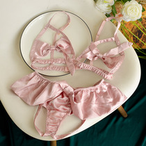 Model clear three-piece set sexy bow elastic fold rope hollow underwear set