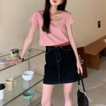 SINGSONG bright line denim dress 2022 new summer high waist display slim a word 100 lap black short skirt half body dress