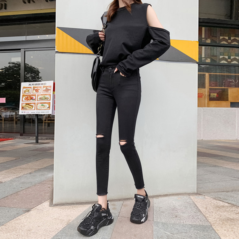 Knee hole black denim cigarette tube pants women's 2021 spring new raw edge nine-point tight pencil pants word broken