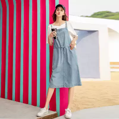 Light color denim baby baby bag skirt women long version 2021 spring and summer New loose dress ulzzang Korean straight