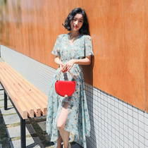 Chiffon dress female 2021 summer new high waist slim vneck short sleeve vintage long split floral skirt