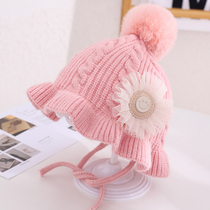 Baby hat autumn winter female baby wool hood warm protective ear Children Korean version Princess Cute Lace Knit Cap Tide