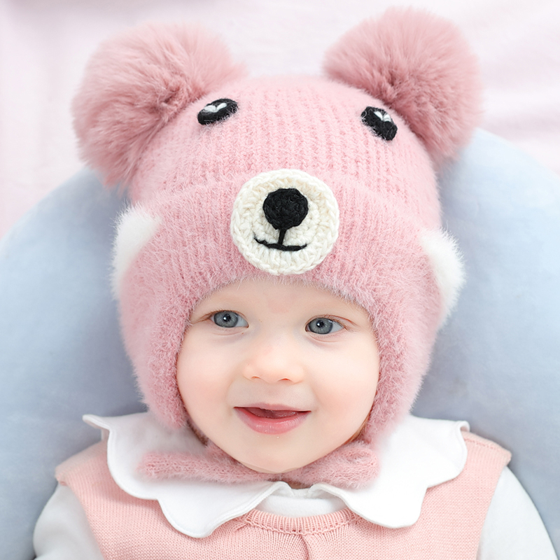 Baby Hat Autumn Winter Infant Pure Cotton Girl Thickened Wool Hat Boy Handmade Bear Cute Super Cute Knitted Hat