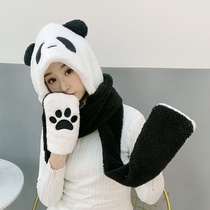 Winter scarf hat gloves panda three in one warm card Love cartoon coral velvet embroidery parent-child children