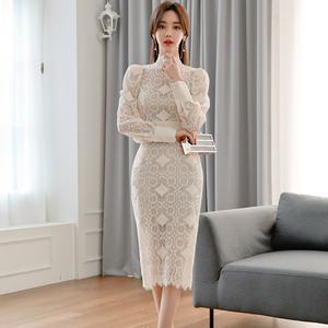 Korean celebrity temperament slim fitting lace mid length hip skirt fashion dress
