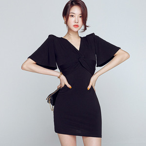 Summer Korean style slim cross V-neck knitted simple bottomed skirt dress