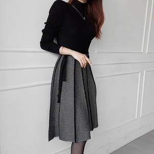 Autumn and winter Korean style lace up waist knitting stitching large swing skirt sweater dress