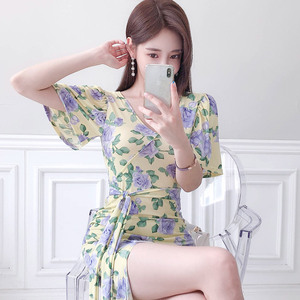 Korean style V-neck slim lace up waist slit print dress for women
