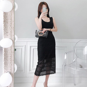 Summer wear Korean slim fit mid long cut out lace buttock dress