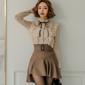 Two piece Korean style slim stand collar lace shirt top Ruffle Skirt Suit for women