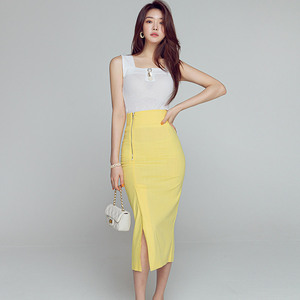 Two piece Korean style slim knit top with waistband and skirt suit for women