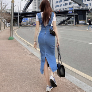 Korean casual temperament medium length denim skirt fashion slit wrap hip strap skirt