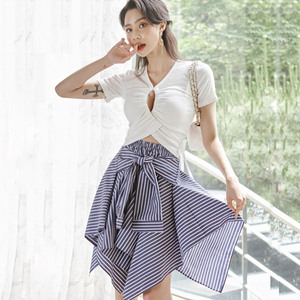 Two piece summer Korean style lace up knitted top fashion stripe skirt suit for women