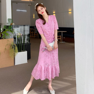 Korean style V-neck pleated waist show thin long skirt fashion small fresh dress