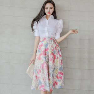 Two piece Korean slim shirt top printed skirt suit for women