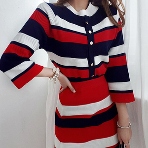 Three piece autumn dress Korean style striped knitted fashion cardigan with Hip Wrap Skirt Set