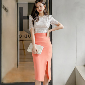 Two piece summer dress Korean slim lace top with buttock slit skirt set for women