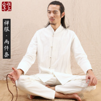Only three Chinese style mens cotton and linen suit Tang Dress Lay Buddhist meditation Tea Hanfu male Wei Jin Ancient style Fairy spring