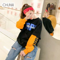 Chunni girl sweater spring clothing 2021 New Korean version of children fake two-piece pullover in the big child foreign style long sleeve shirt