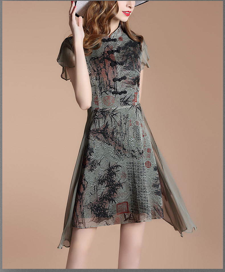 艾格芙2017夏季新款雪纺连衣裙女复古印花旗