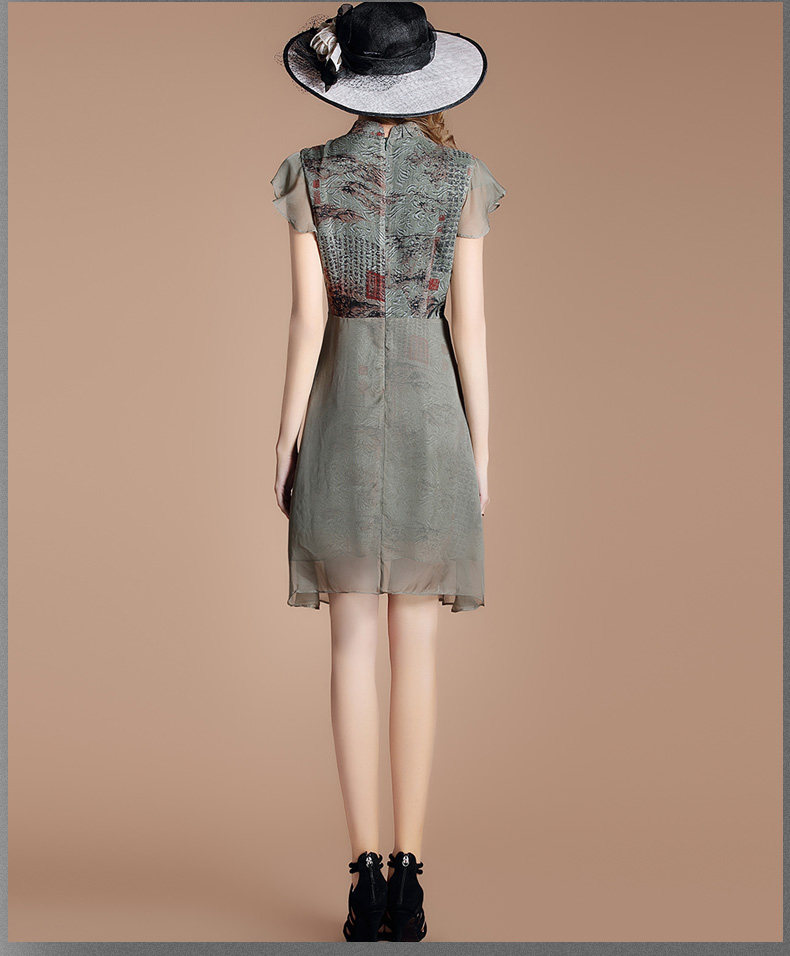 艾格芙2017夏季新款雪纺连衣裙女复古印花旗