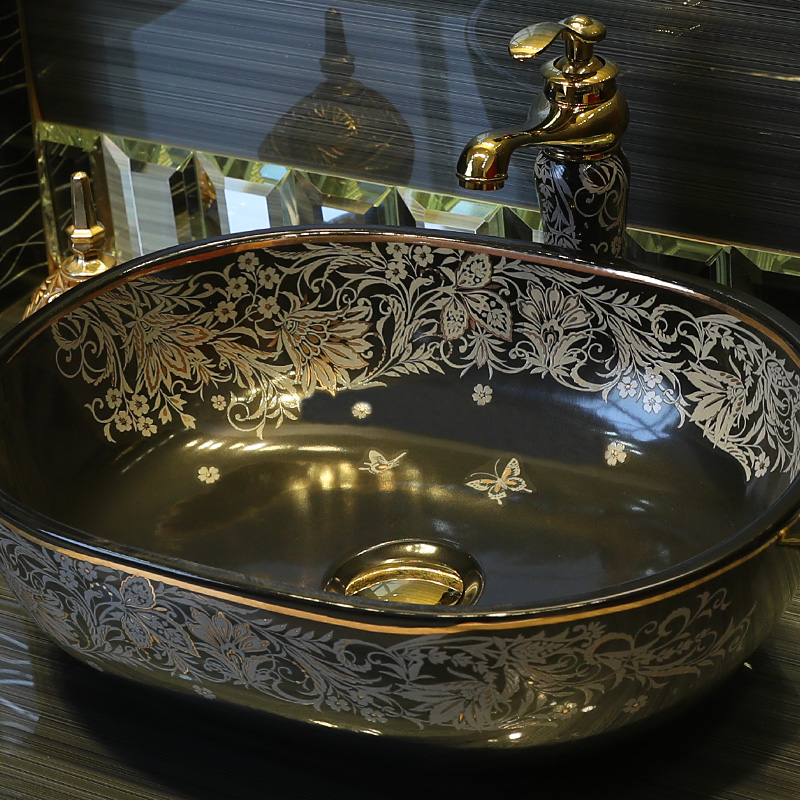 Gold cellnique black ceramic contracted art on the stage of the basin that wash a face basin of Chinese style sink basin of wash one 's hands and oval