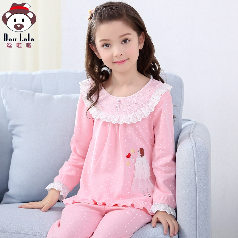 Girl Spring Autumn Season Pure Cotton Long Sleeve Thin child Sleepwear Summer Little girl Big Tong Baby Home Home Suit parenting suit