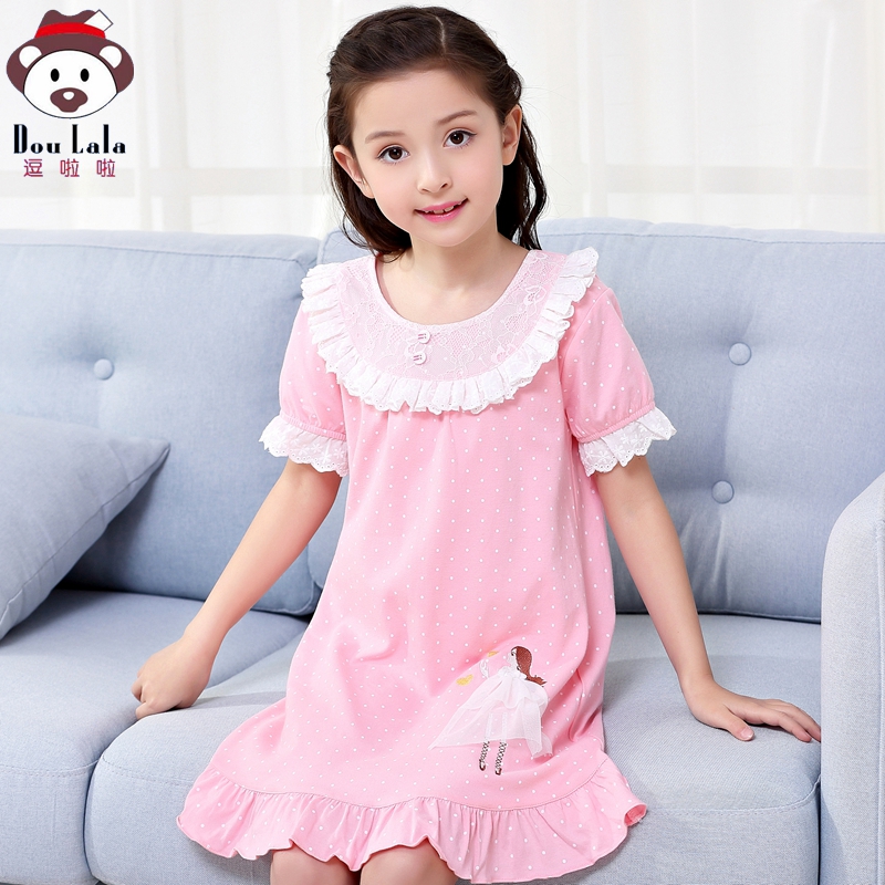 Children's pure cotton night dress Girls summer short-sleeved princess baby home clothes Girls pajamas parent-child mother-daughter thin section