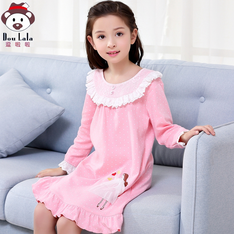 Girls' pajamas, children's nightdress, long-sleeved spring and autumn pure cotton, little girl's pajamas, princess home service, parent-child nightdress, mother and daughter