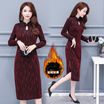 High cold Imperial sister wind plus velvet warm winter skirt knee temperament mature improved cheongsam dress women autumn and winter