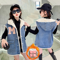 Girl Gush Thickened Cowboy Waistcoat 2022 Winter Dress New CUHK Children 100 Hitch-Style Vest Ocean Kampa Shoulder