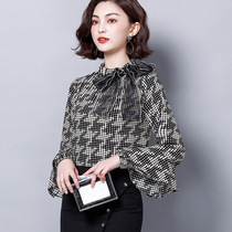 Chiffon top female 2021 new spring and summer trumpet sleeve lotus leaf foreign style shirt side bow ribbon ribbon long sleeve shirt fairy