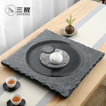 Natural whole black gold stone tea tray Household Chinese small drainage stone square tea table Kung Fu tea set sea tray