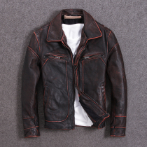 Amikazi red brown vintage made old first layer cowhide leather leather jacket men slim short lapel jacket jacket