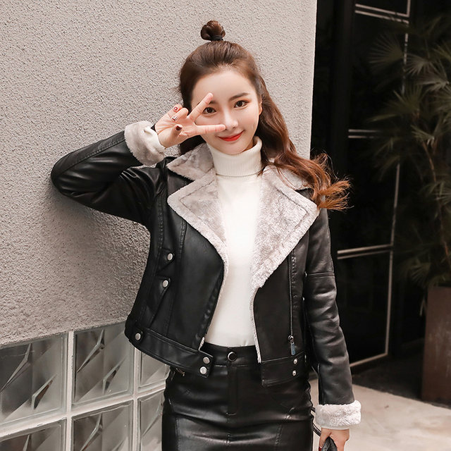 Leather female short paragraph Korean version of Slim thin plus thick velvet jacket pu black motorcycle leather jacket spring and winter Leather female short paragraph Korean version of Slim thin plus thick velvet jacket pu black motorcycle leather jacket spring and winter