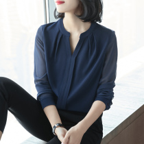 V neck chiffon shirt female 2021 autumn new leak clavicle base long sleeve chiffon shirt loose mesh shirt tide