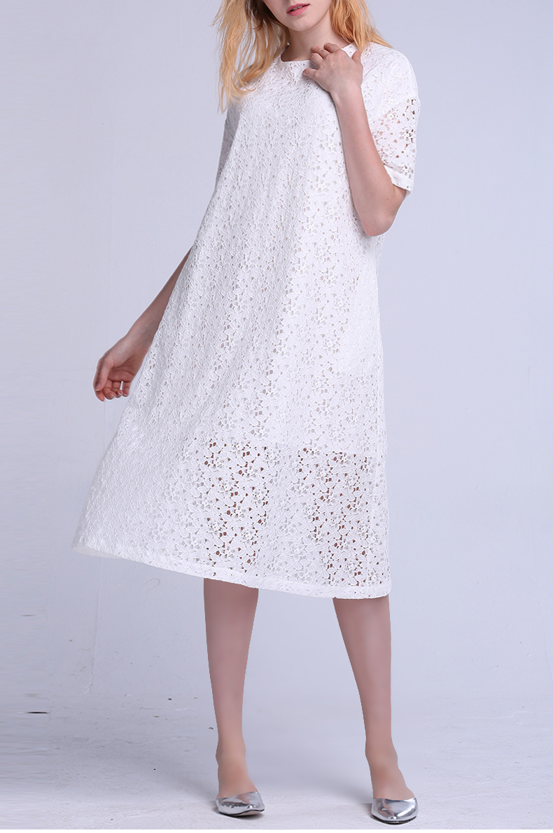 2017夏季新款 欧美白色蕾丝连衣裙中长款镂空