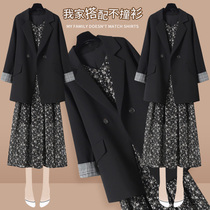 Hong Kong style chic loose black autumn blazer women 2021 suit floral dress casual temperament set