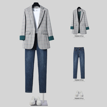 2021 spring and autumn womens New temperament small suit fashion suit casual plaid suit denim pants two-piece suit