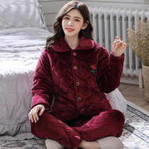 Winter womens three-layer thick padded jacket pajamas middle-aged womens flange coral velvet cotton home suit suit