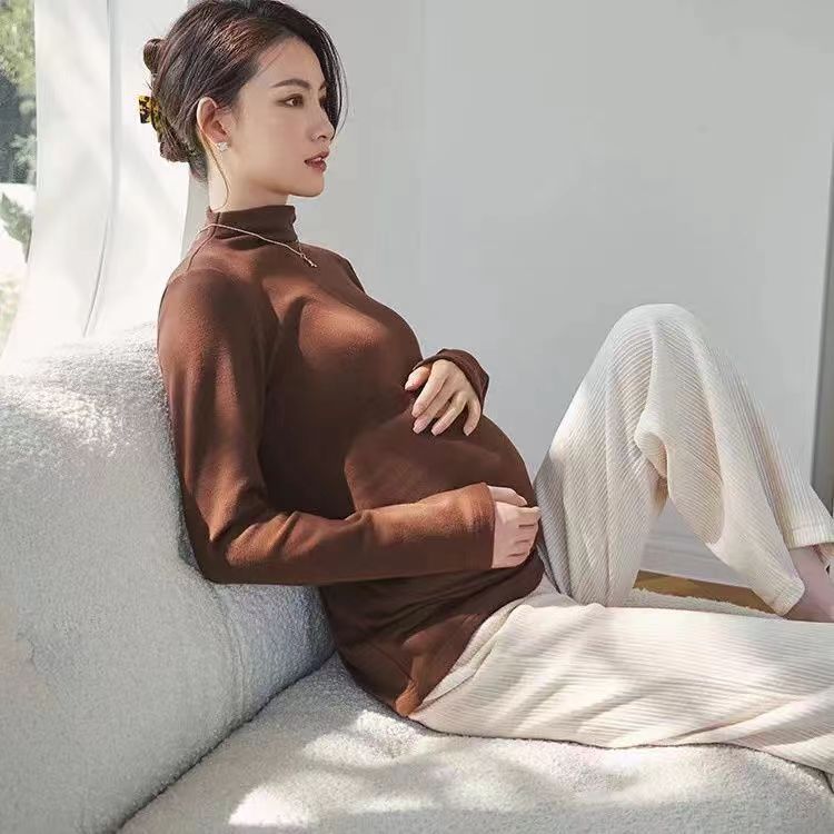 Pregnant woman Spring and autumn blouses in autumn and winter Develed undershirt with half-height collar long sleeves Warm T-shirt Pregnant Woman Suit-Taobao