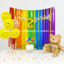 Seven colorful paper rolls colored with table floating balloons Childrens Day girl Childrens baby birthday party placement scene