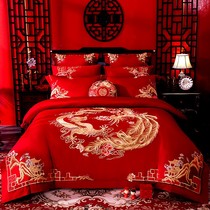 Fu Manyuan cotton wedding four-piece set 100 wedding bedding Newly married Cotton dragon and phoenix happy Big Red