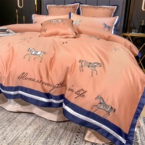American high-end luxury small horse embroidered four-piece set of full cotton pure cotton ice silk quilt cover 1 8m bed bamboo hat bedding 4