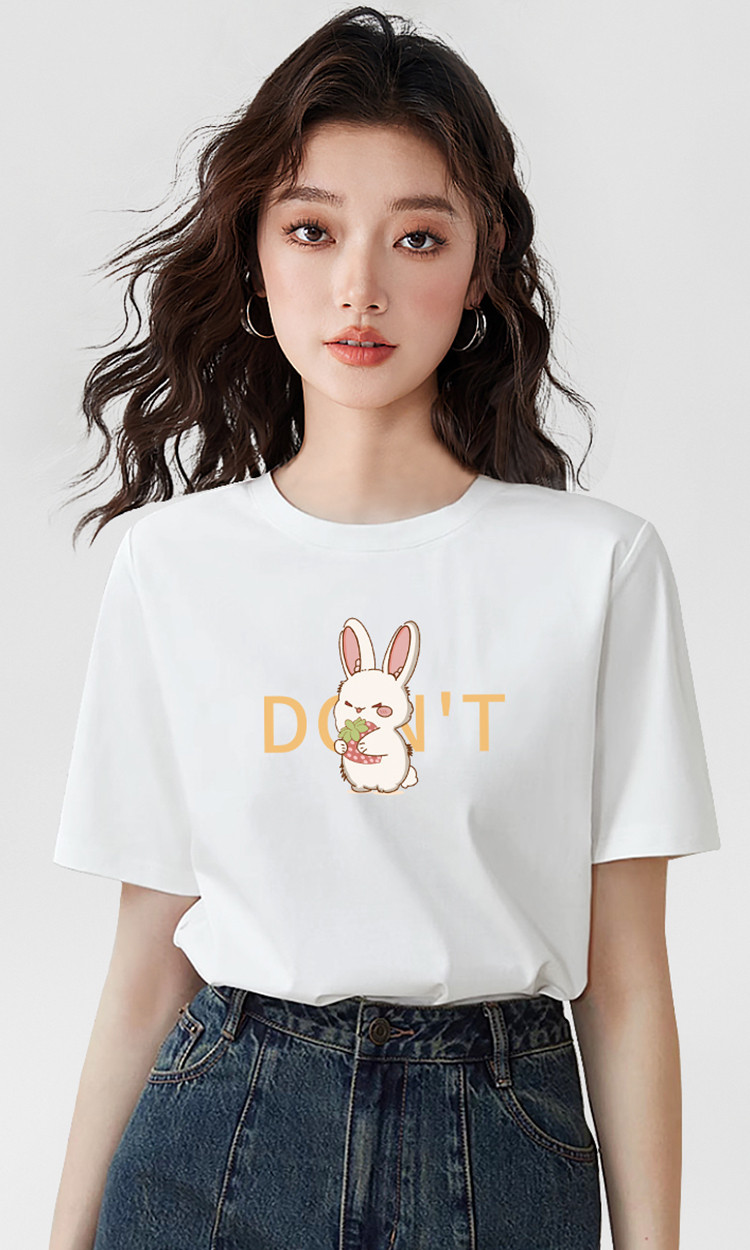 one more白色纯棉t恤护食兔兔愤怒表情印花夏季短袖宽松修身上衣